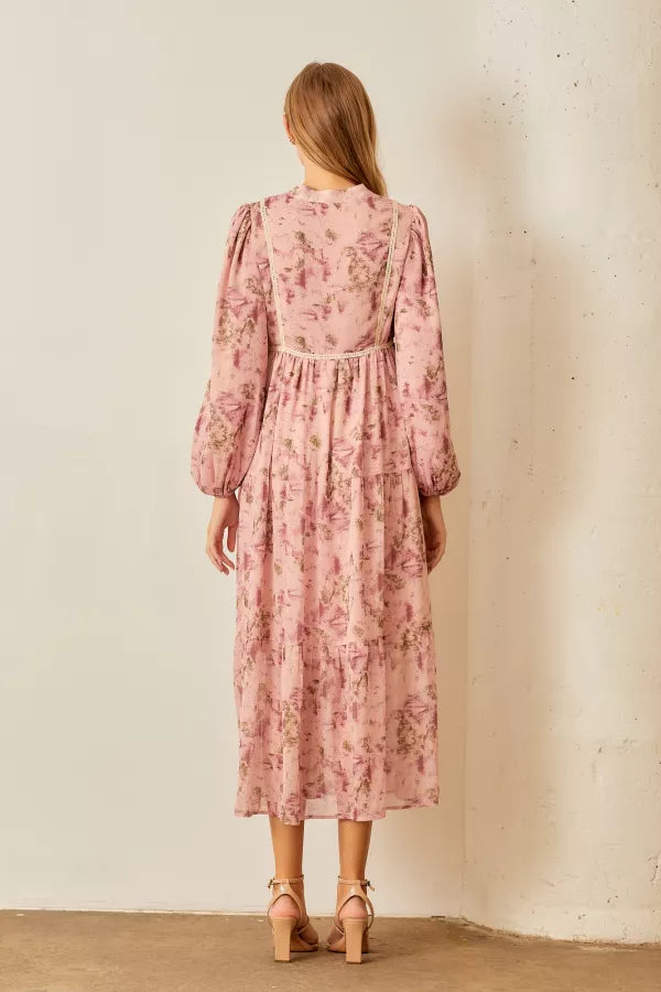 The Alice Lace Trim Midi Dress in Dusty Pink