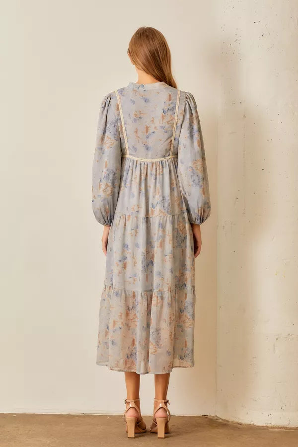 The Alice Lace Trim Midi Dress in Dusty Blue