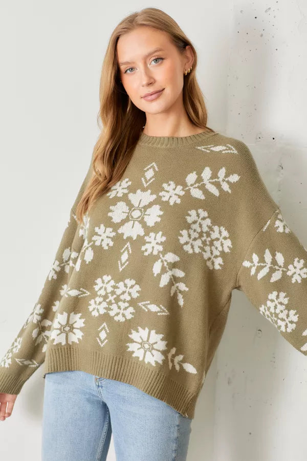 The Marlena Floral Print Sweater in Olive