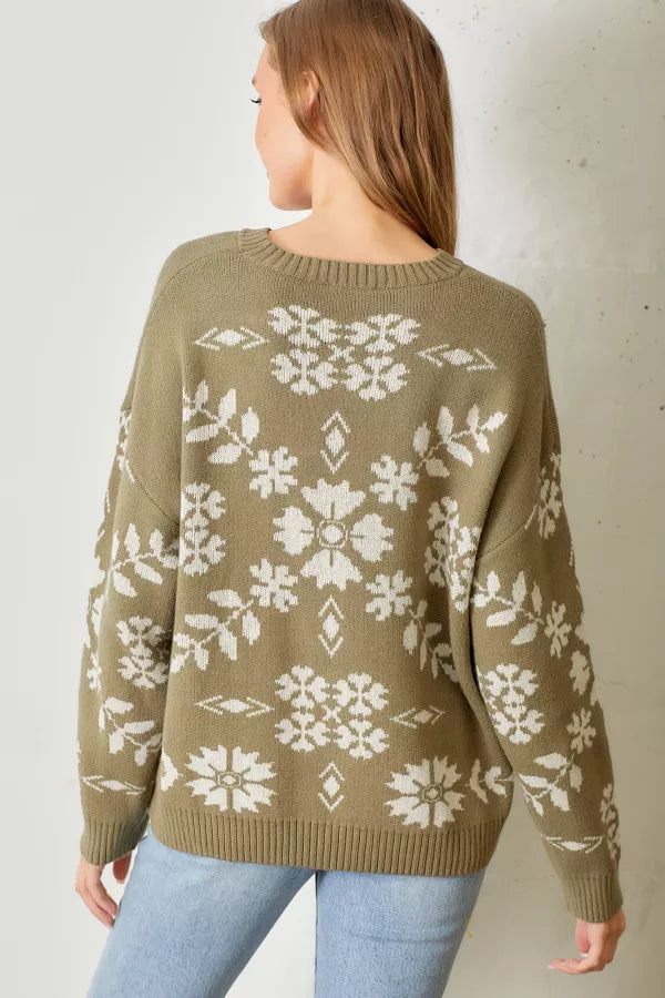 The Marlena Floral Print Sweater in Olive