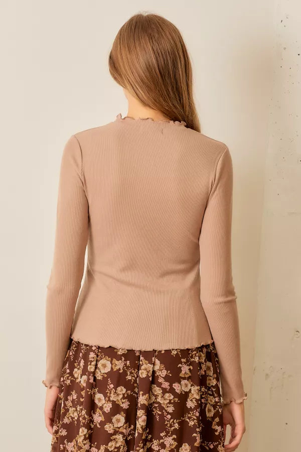 The Pria High Neck Rib Top in Tan