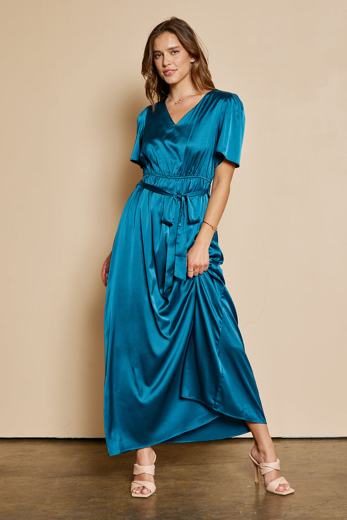 The Becca Dull Satin Maxi Dress in Teal