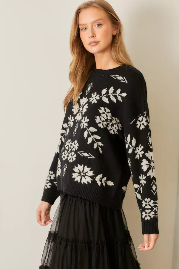 The Marlena Floral Print Sweater in Black