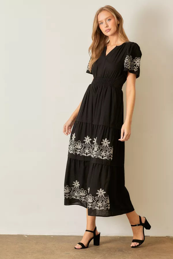 The Gracelyn Embroidered Maxi Dress in Black