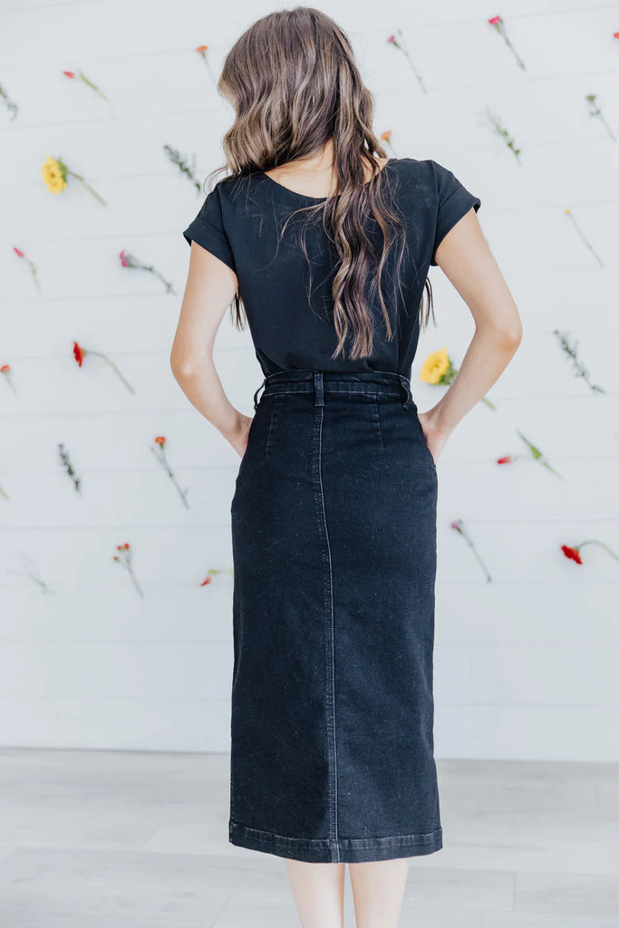 The Mackenzie Button Denim Skirt in Black Wash