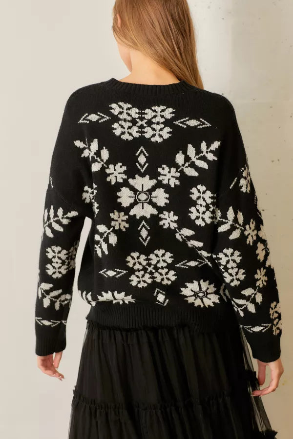 The Marlena Floral Print Sweater in Black