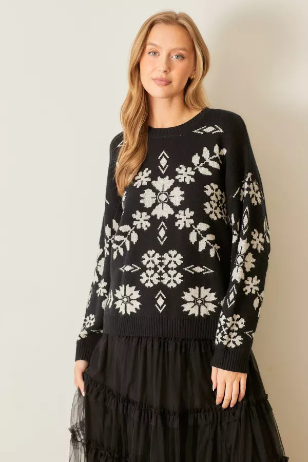 The Marlena Floral Print Sweater in Black