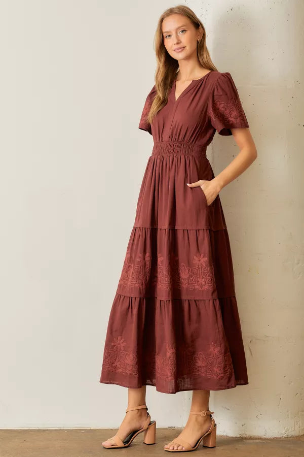 The Gracelyn Embroidered Maxi Dress in Burgundy