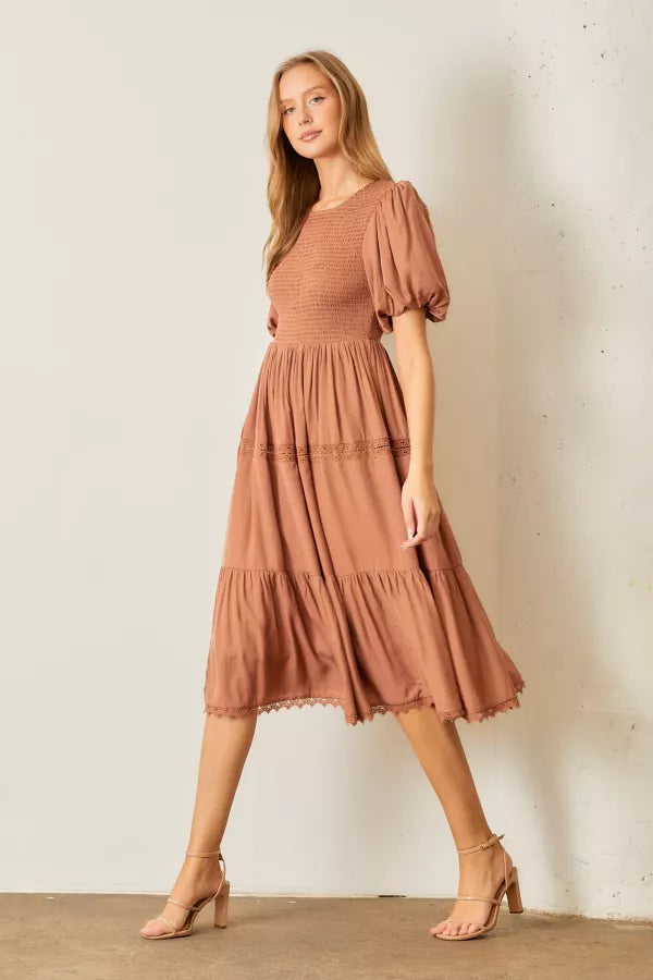 The Summer Smocked Midi Dress in Chestnut