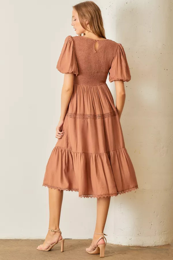 The Summer Smocked Midi Dress in Chestnut