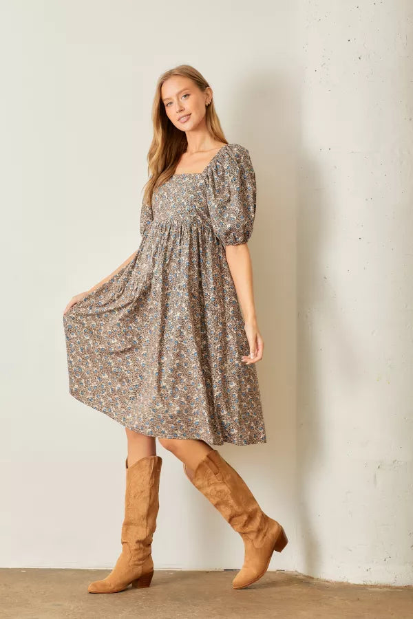 The Danzel Printed Poplin Midi Dress in Brown