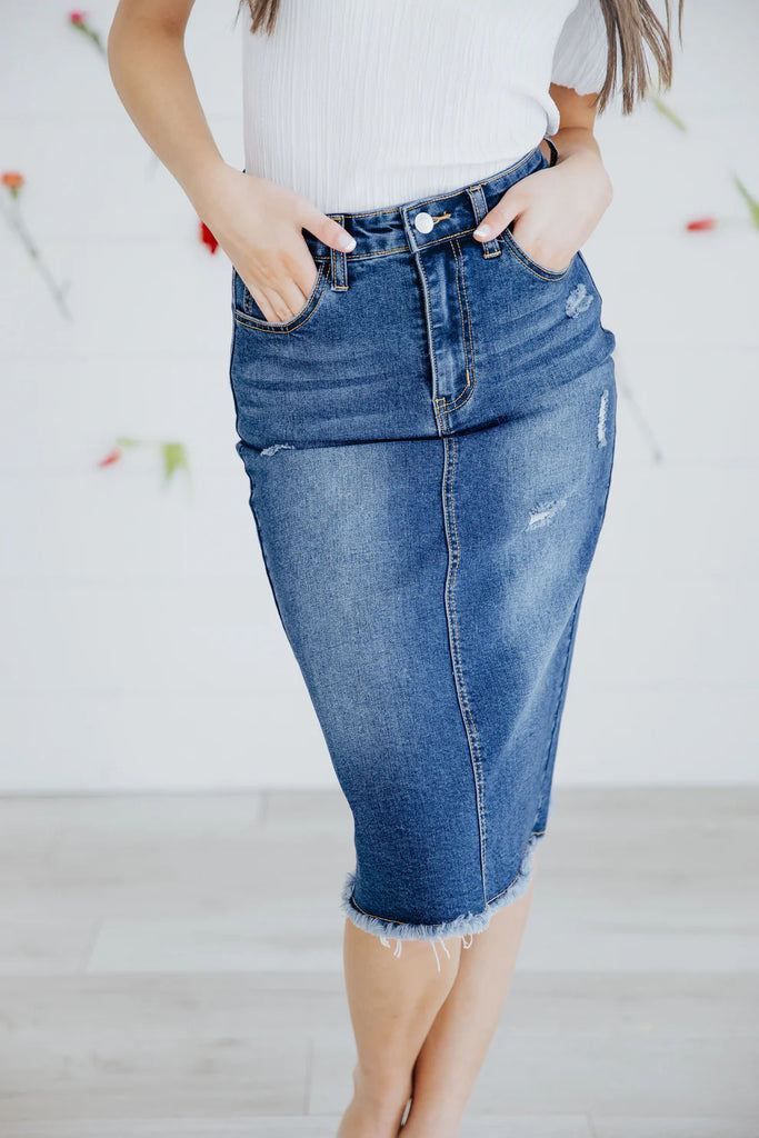 The Isabella Distressed Denim Skirt in Denim Blue