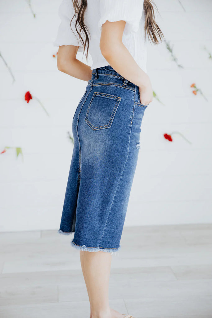 The Isabella Distressed Denim Skirt in Denim Blue