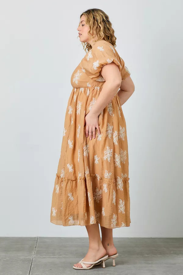 The Dynelle Embroidered Maxi Dress in Camel