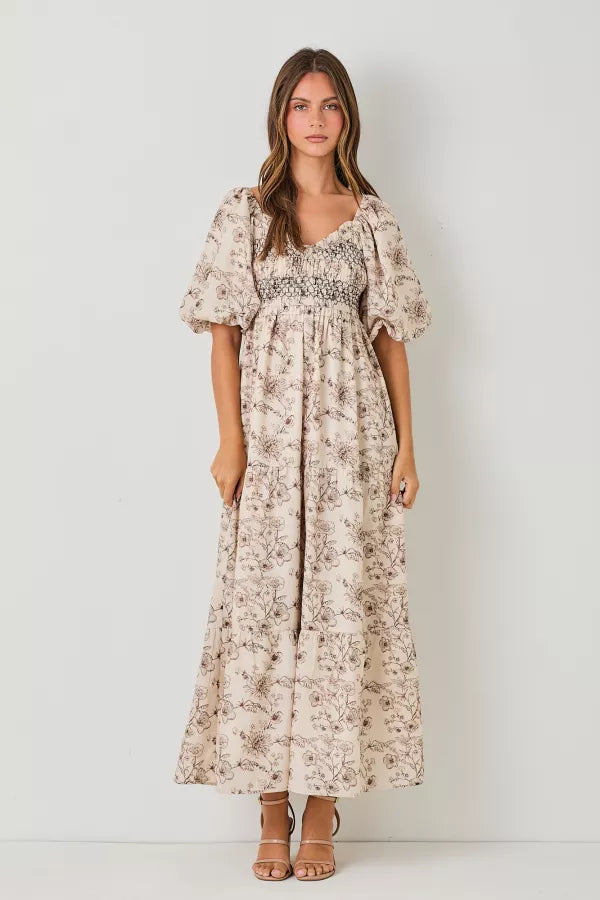 The Erlyn Bubble Sleeve Maxi Dress in Brown Multi