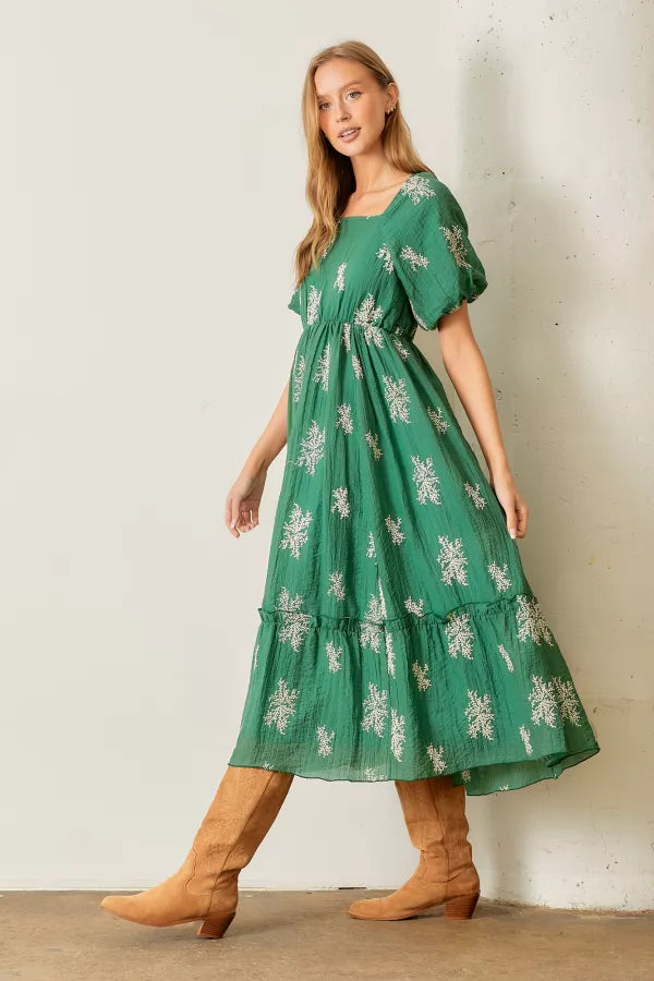 The Dynelle Embroidered Maxi Dress in Green