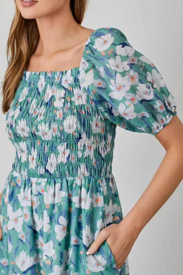 The Gwen Floral Smocked Dress in Green