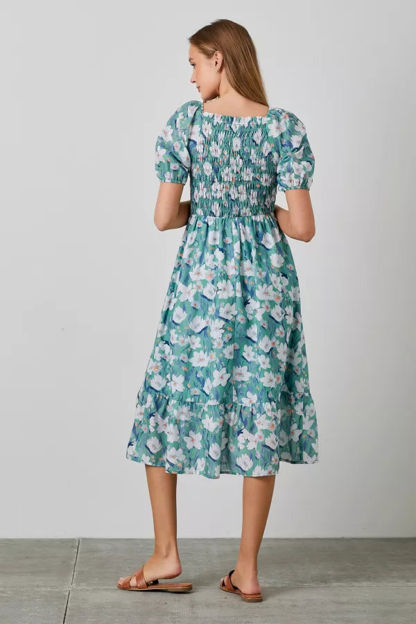 The Gwen Floral Smocked Dress in Green