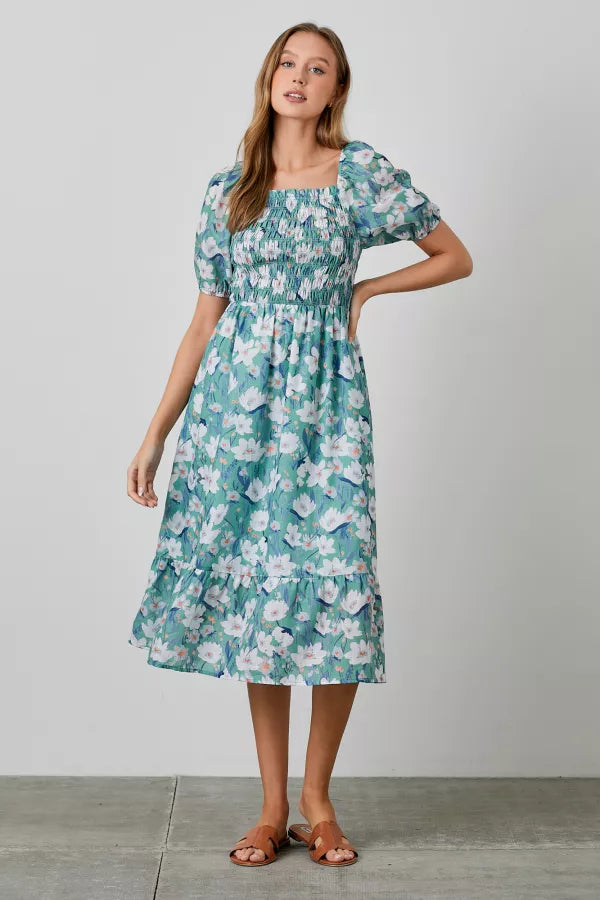 The Gwen Floral Smocked Dress in Green