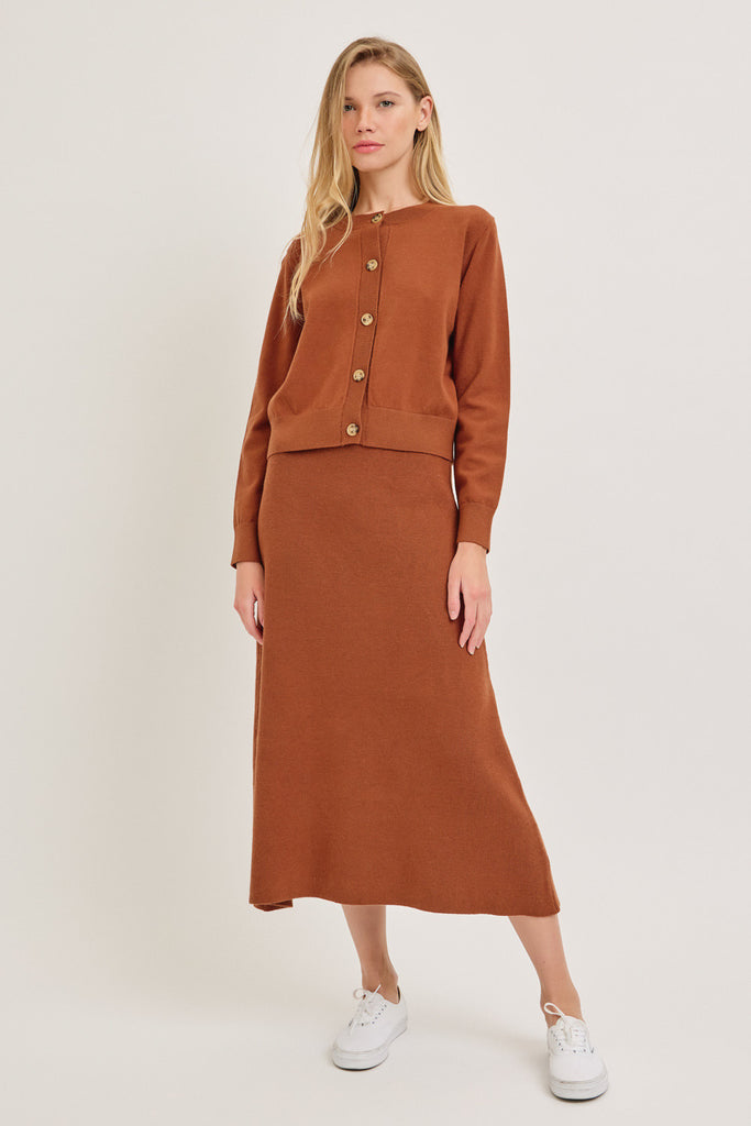 The Marissa Cardigan and Skirt Set Gold Brown