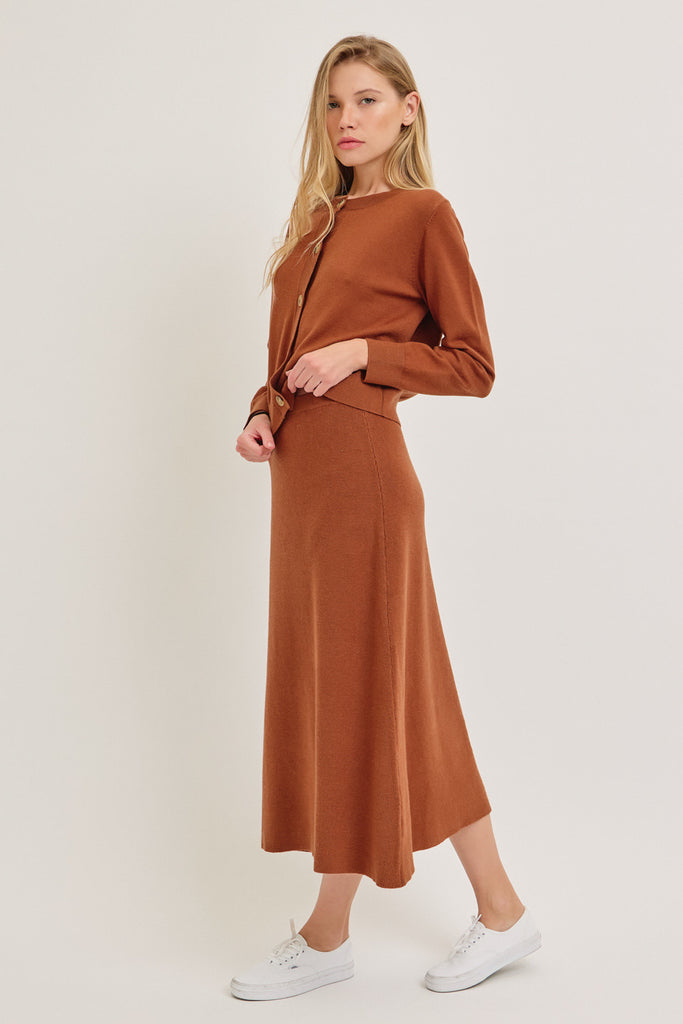 The Marissa Cardigan and Skirt Set Gold Brown