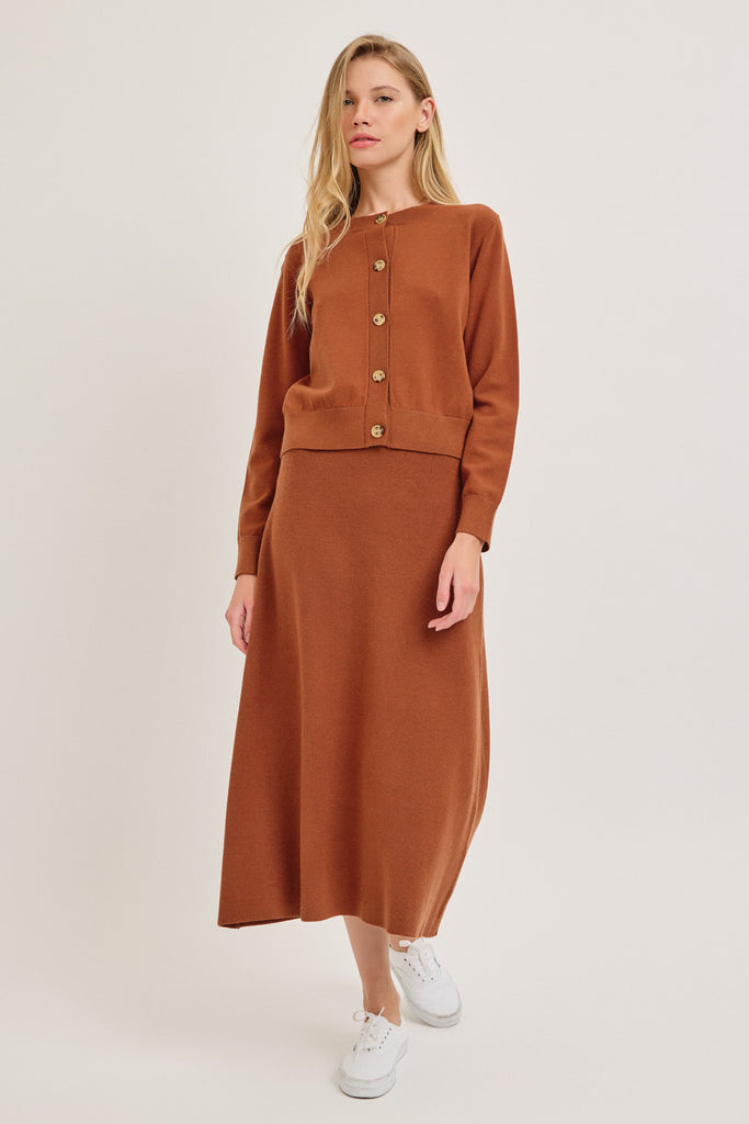 The Marissa Cardigan and Skirt Set Gold Brown