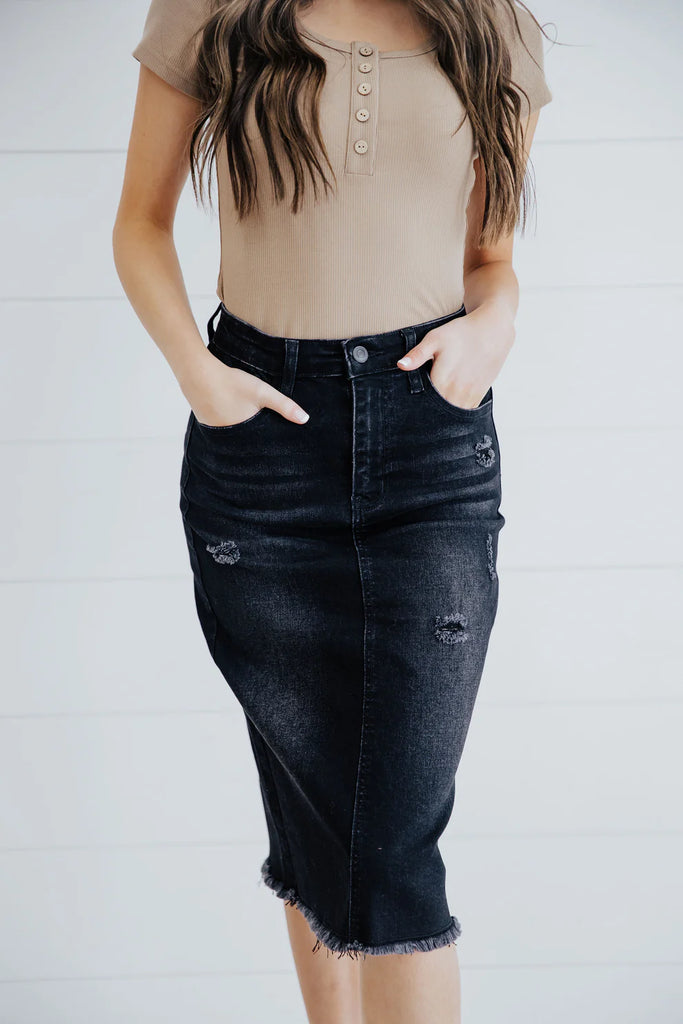 The Isabella Distressed Denim Skirt in Dark Indigo