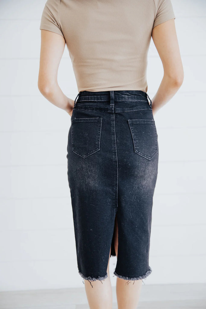 The Isabella Distressed Denim Skirt in Dark Indigo