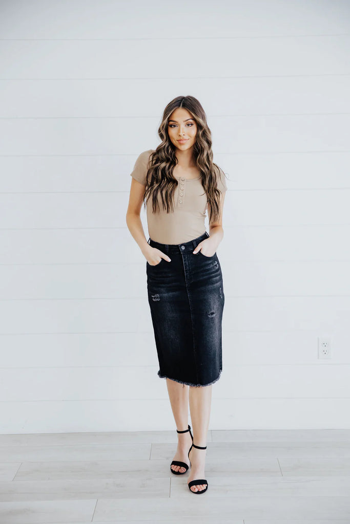 The Isabella Distressed Denim Skirt in Dark Indigo