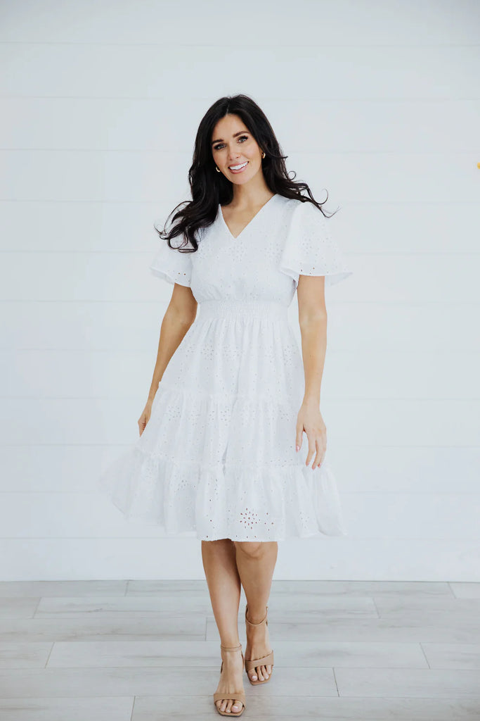 The Jackie Midi Dress in White Eyelet