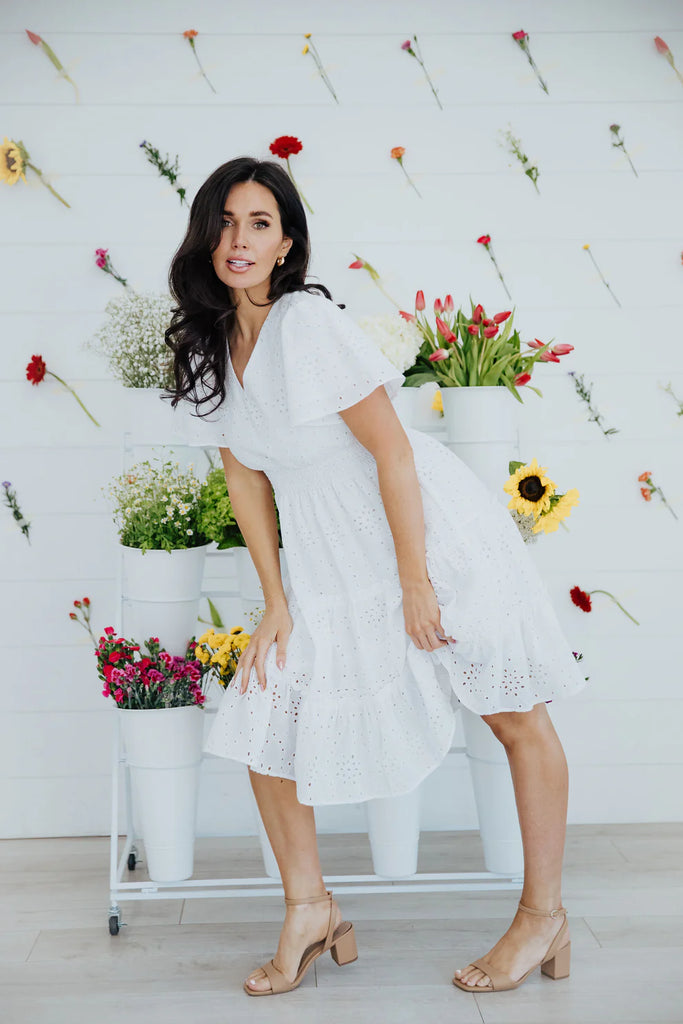 The Jackie Midi Dress in White Eyelet