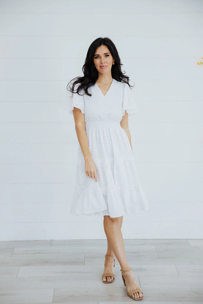 The Jackie Midi Dress in White Eyelet