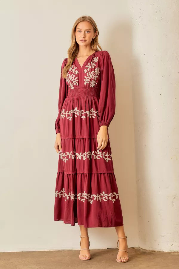 The Jill Embroidered Floral Dress in Wine