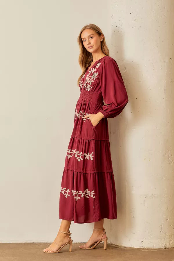 The Jill Embroidered Floral Dress in Wine