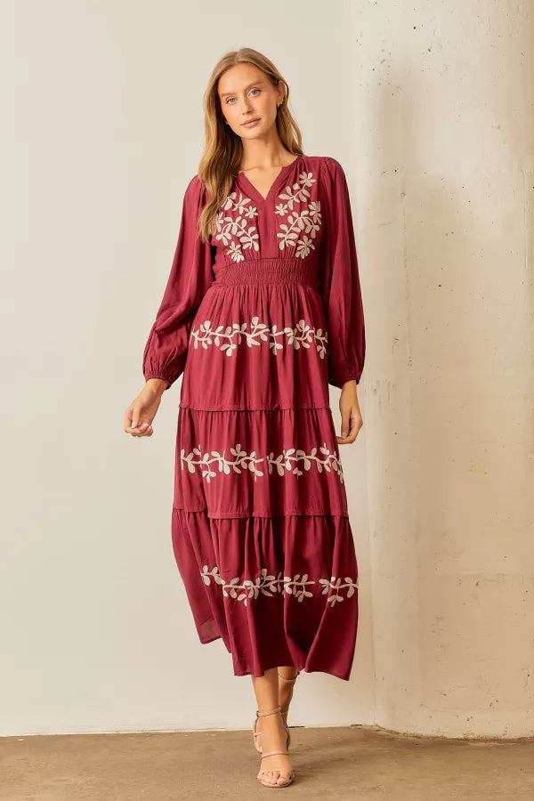 The Jill Embroidered Floral Dress in Wine