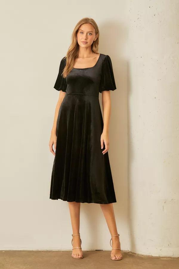 The Lenny Velvet Square Neck Midi Dress in Black