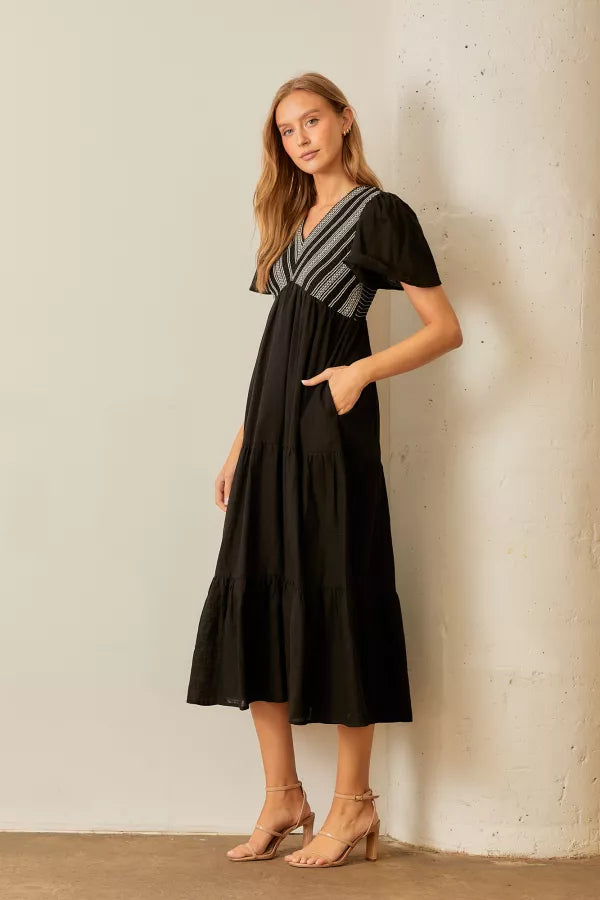 The Lisa Smocked V-Neck Midi Dress in Black