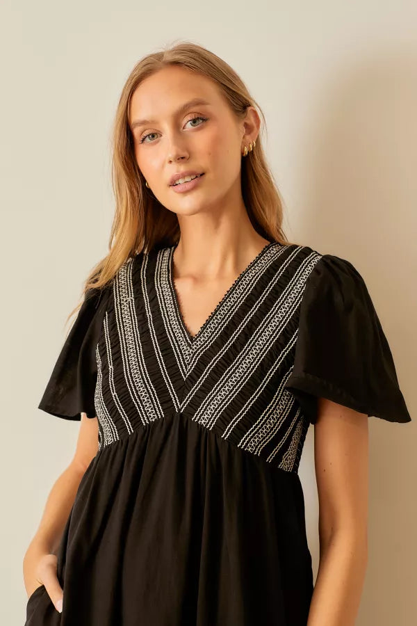 The Lisa Smocked V-Neck Midi Dress in Black