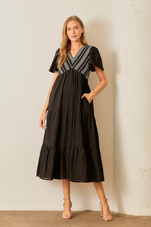 The Lisa Smocked V-Neck Midi Dress in Black