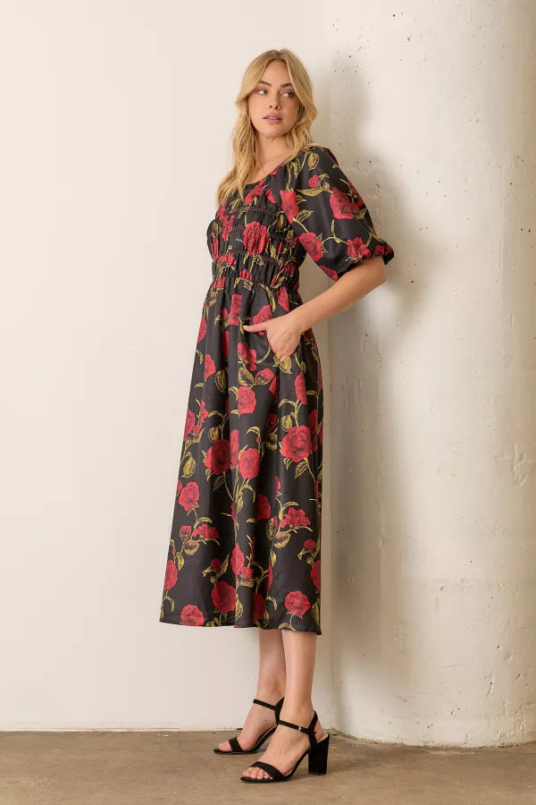 The Melinda Rose Print Smocked Midi Dress in Black/Red