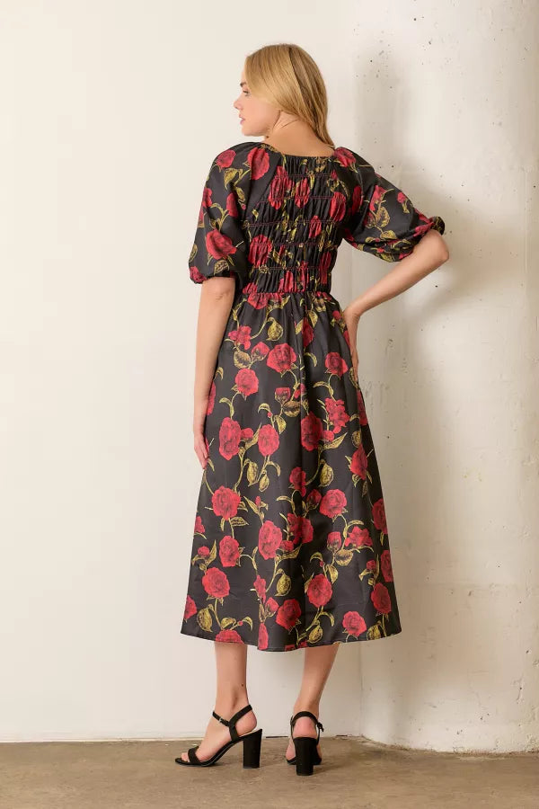 The Melinda Rose Print Smocked Midi Dress in Black/Red