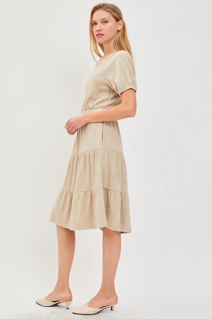 The Nina Ribbed Short Sleeve Dress in Oatmeal