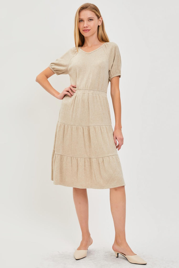 The Nina Ribbed Short Sleeve Dress in Oatmeal