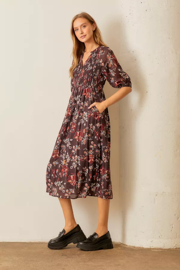 The Nova Floral Button Up Midi Dress in Brown