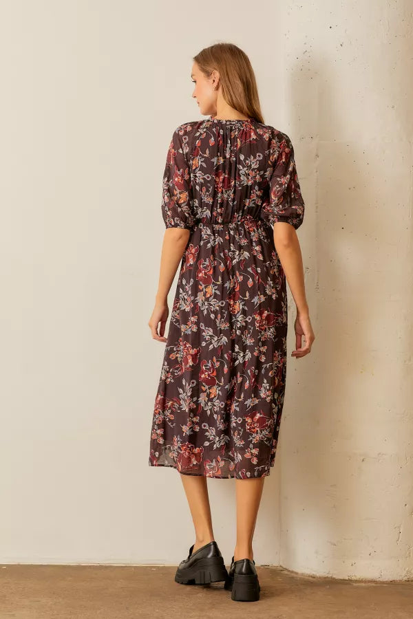 The Nova Floral Button Up Midi Dress in Brown