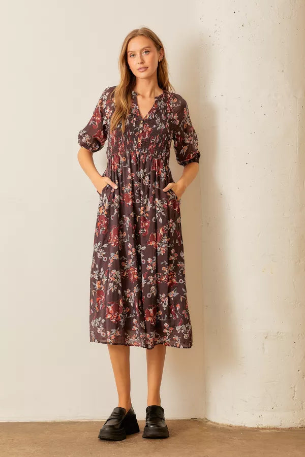 The Nova Floral Button Up Midi Dress in Brown