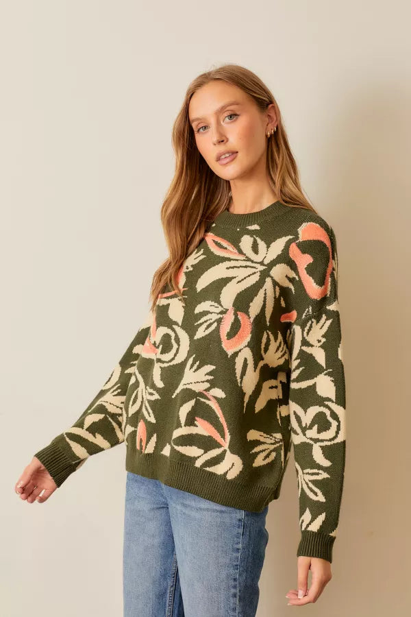 Floral Printed Sweater in Olive