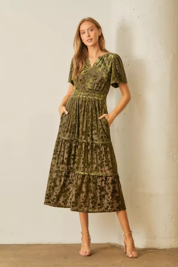 The Gracelyn Velvet Maxi Dress in Olive