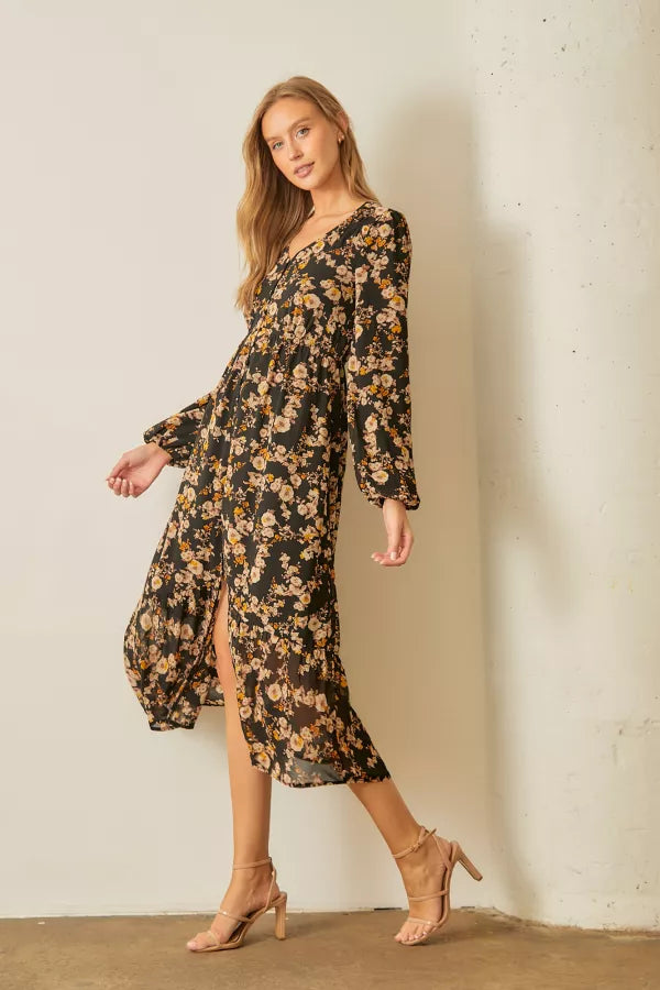 The Penny Floral V-Neck Midi Dress in Black