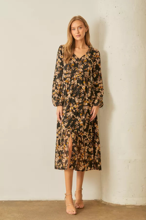 The Penny Floral V-Neck Midi Dress in Black